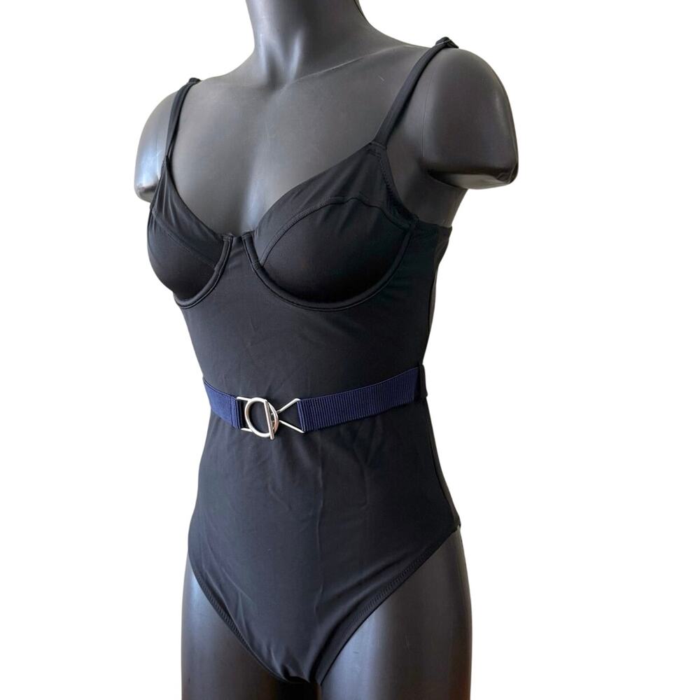 Aerie Swimsuit Size M NWT High Cut Cheekier Underwire One Piece Black Blue Belt